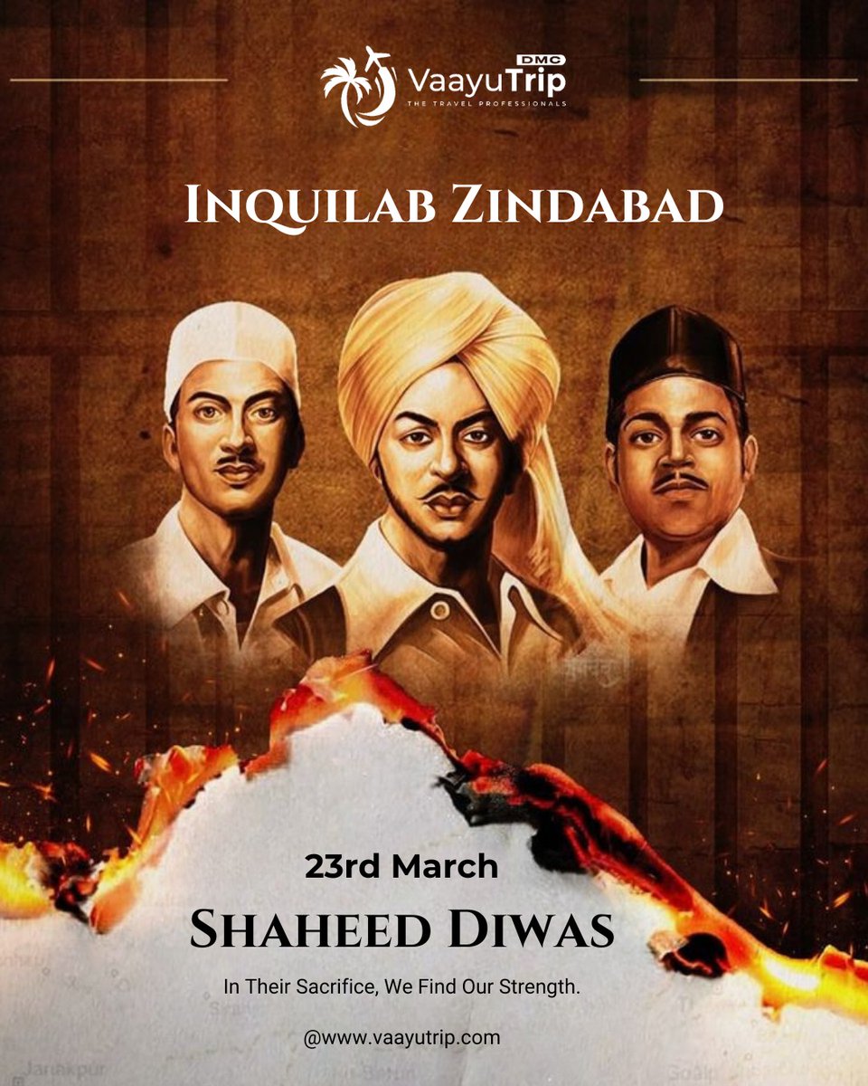 Vaayutrip's tweet photo. Remembering the courage and sacrifice of India’s brave hearts on Shaheed Diwas 🇮🇳🔥

Let’s carry forward their legacy by standing for what’s right and building a stronger India. ❤️
#ShaheedDiwas #InquilabZindabad #BhagatSingh #Rajguru #Sukhdev #IndianFreedomFighters #Patriotism https://t.co/au46gmAUXl