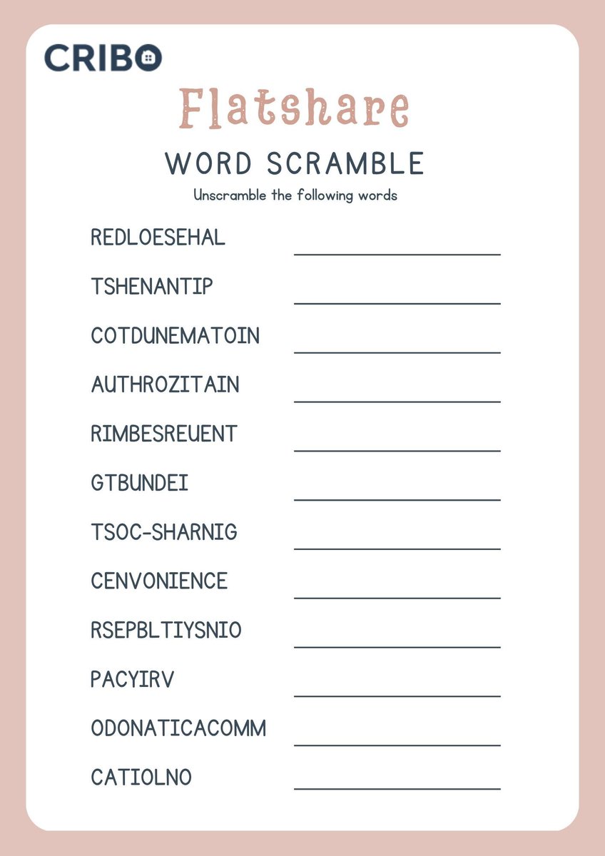 criboltd's tweet photo. Think you’ve got what it takes? 🧠
Unscramble these flatshare words and drop your answers below 👇
#WordScramble #BrainTeaser #CoLiving #FlatshareFun #PuzzleTime #EngagementPost #RentalLife #ThinkFast https://t.co/V52pOn0cL5