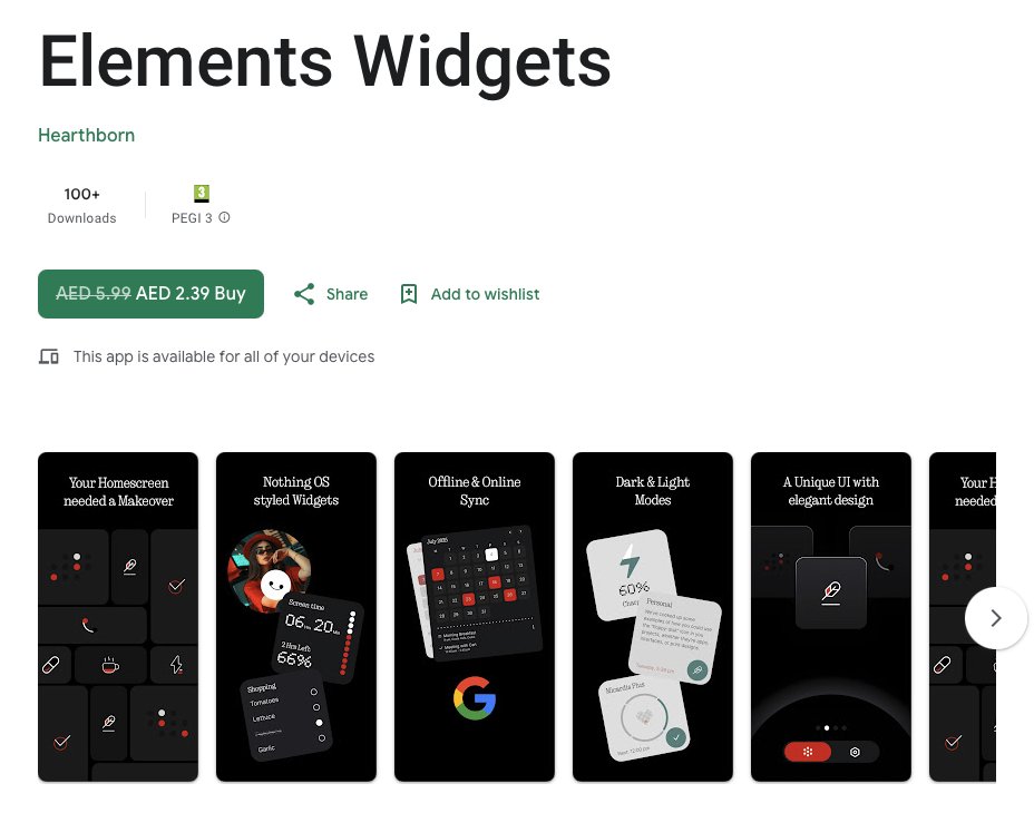 AliFakhruddin13's tweet image. Alert for all @nothing and Android users. Elements widgets is on a Sale until 30th March. Grab the Nothing Os style widgets before it ends. 

Retweet for better reach.

#nothing #widgets #nothingcommunity
