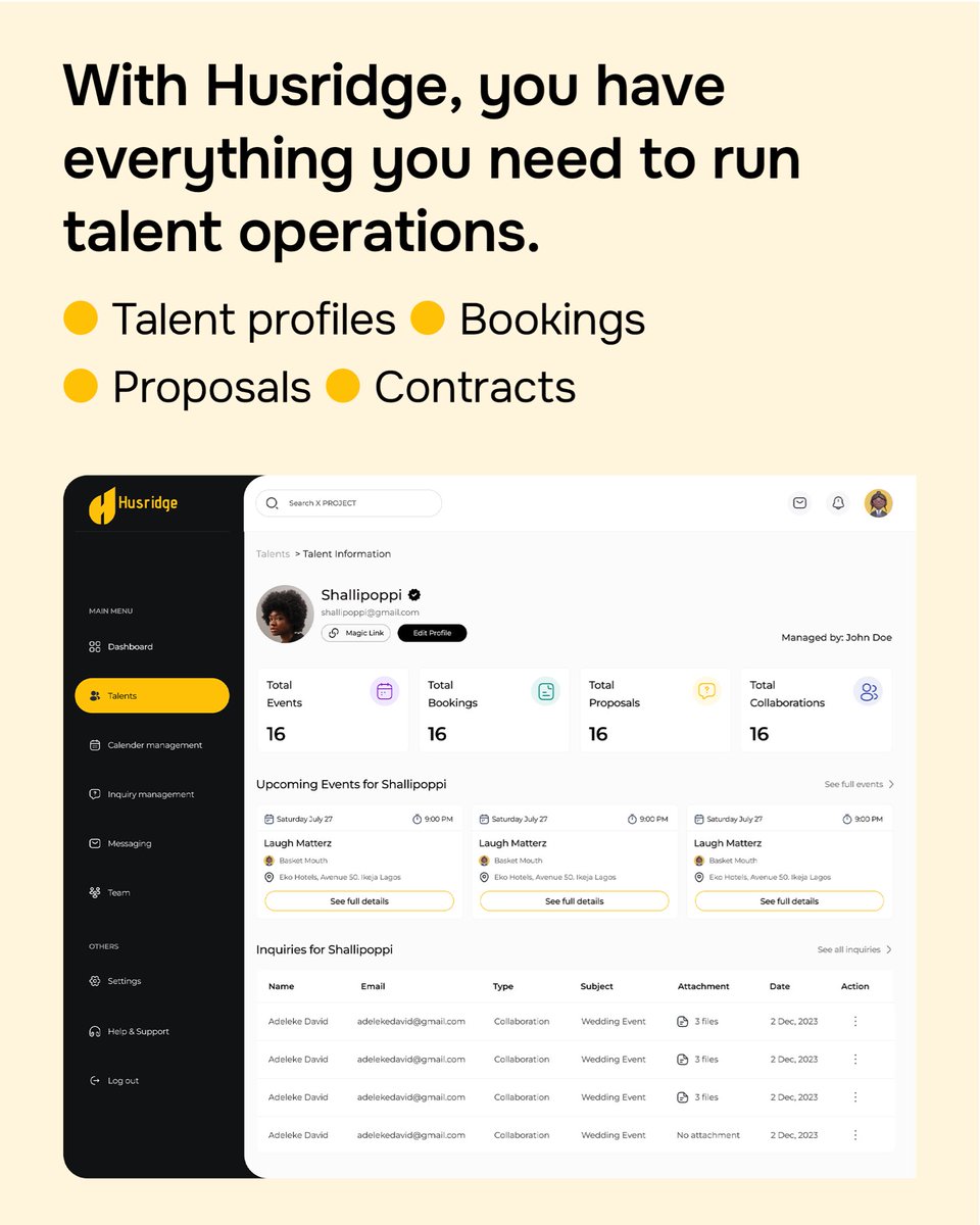 Husridge's tweet photo. Husridge is built for talent managers who want to grow.
Sign up with the link in the bio
#talents #talentmanager #agencies https://t.co/eqJVg5rJ02