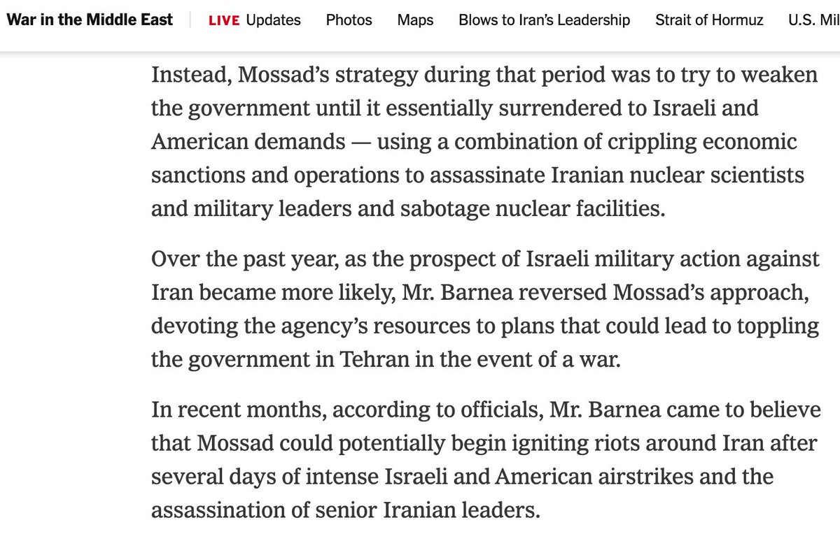 It was obvious then &amp; is NOW CONFIRMED by the NYT.

Israel was behind the "violent regime change" riots that killed 3000 in Iran in Jan (40k figures were made up to amplify).

These events manufactured consent in the West.

All designed to destroy Iran.

All done by &amp; for Israel