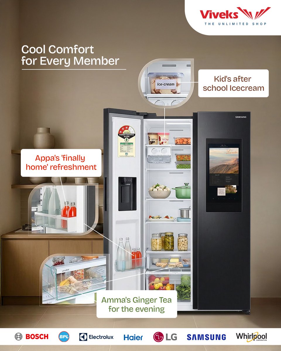 viveksindia's tweet image. A refrigerator isn’t just an appliance; the heart of the home that understands everyone’s unique needs. 

Upgrade to a refrigerator where every member finds their version of "cool comfort.

📍 Visit your nearest Viveks store today.

#Viveks #SmartAppliances #Refrigerators