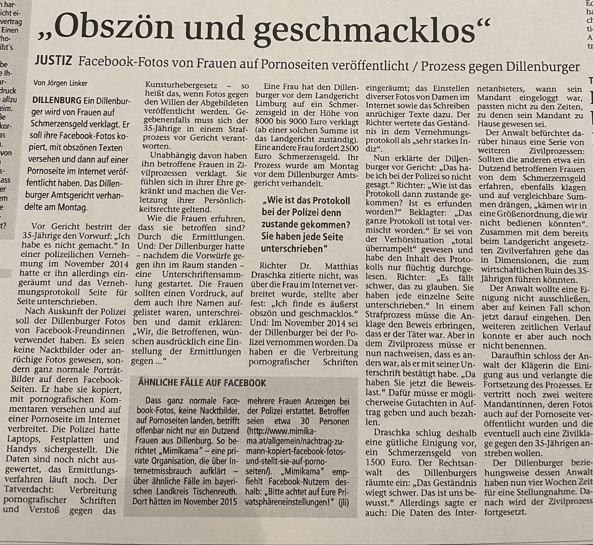 JoergenLinker's tweet photo. Einen „Fall #Ulmen“ gab es schon mal in #Dillenburg in #Mittelhessen, ich hatte darüber berichtet. 8 Monate auf Bewährung und Schmerzensgeld, das ihn angebl. in den Ruin trieb. Dreist: Täter startete eine Unterschriftensammlung bei den Frauen, sie sollten von Anzeigen absehen. https://t.co/49ESiEVuxn