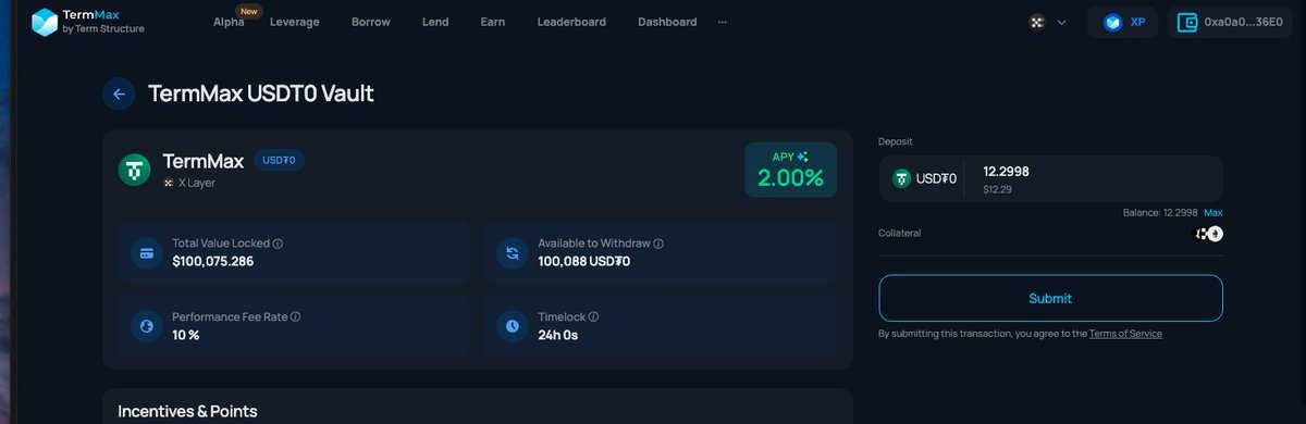 Termmax 现在也接入了 <a href="/XLayerOfficial/">X Layer</a> ！
目前有个新活动，在Xlayer链存入10U以上即可获得120x XP + 早期存款徽章！

活动日期：3 月 23 日 – 4 月 6 日 8:00 UTC

下面直接说教程👇
1️⃣直接在 OKX钱包用USDT 跨链取X