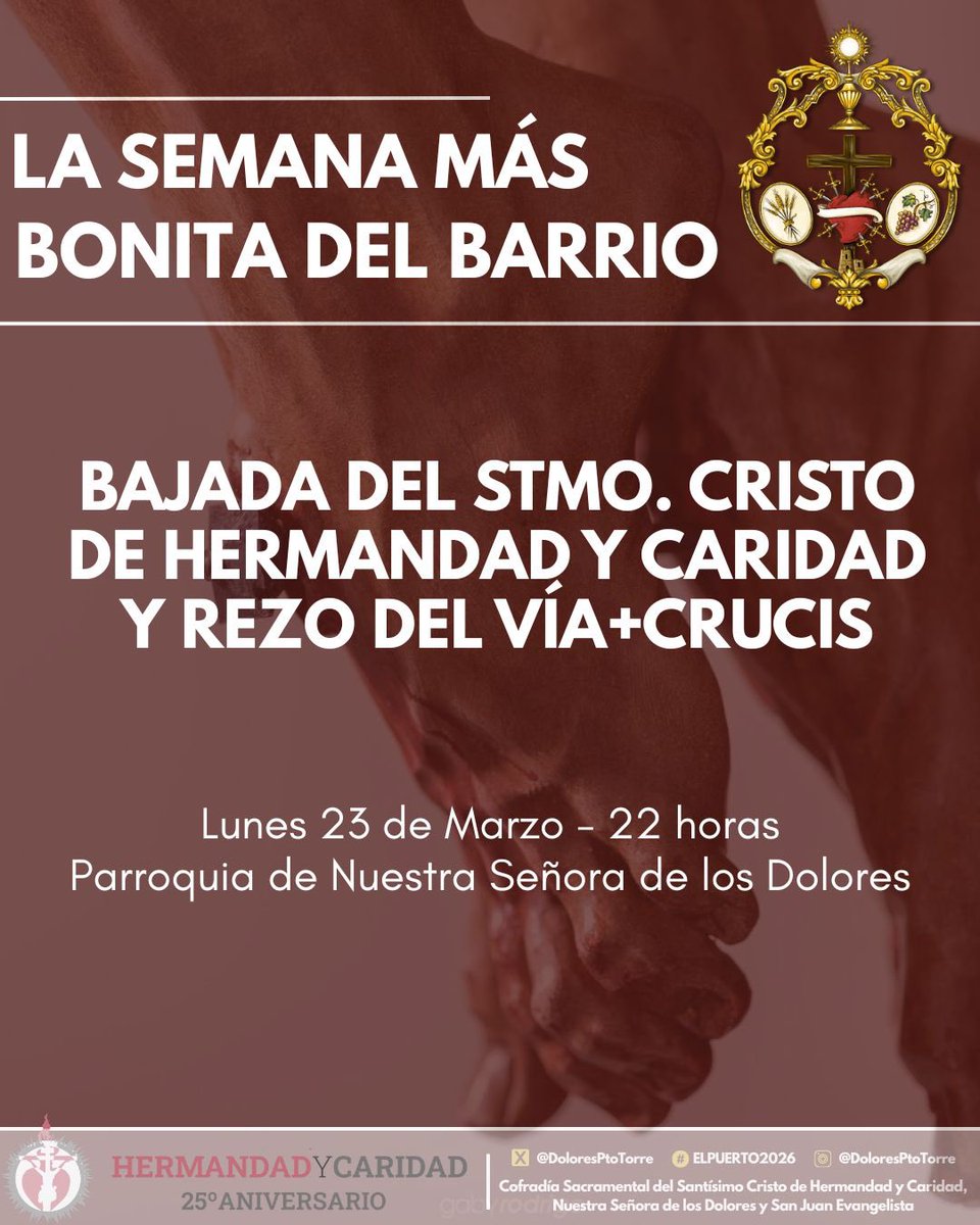 Después de una Cuaresma intensa, llega la Semana más bonita del Barrio. Como cada primavera, nuestra hermandad proclama la devoción a sus titulares y el Puerto De la Torre responde sin medidas a su Cristo y a su Virgen.

Hoy comienzan los días previos al día más grande del