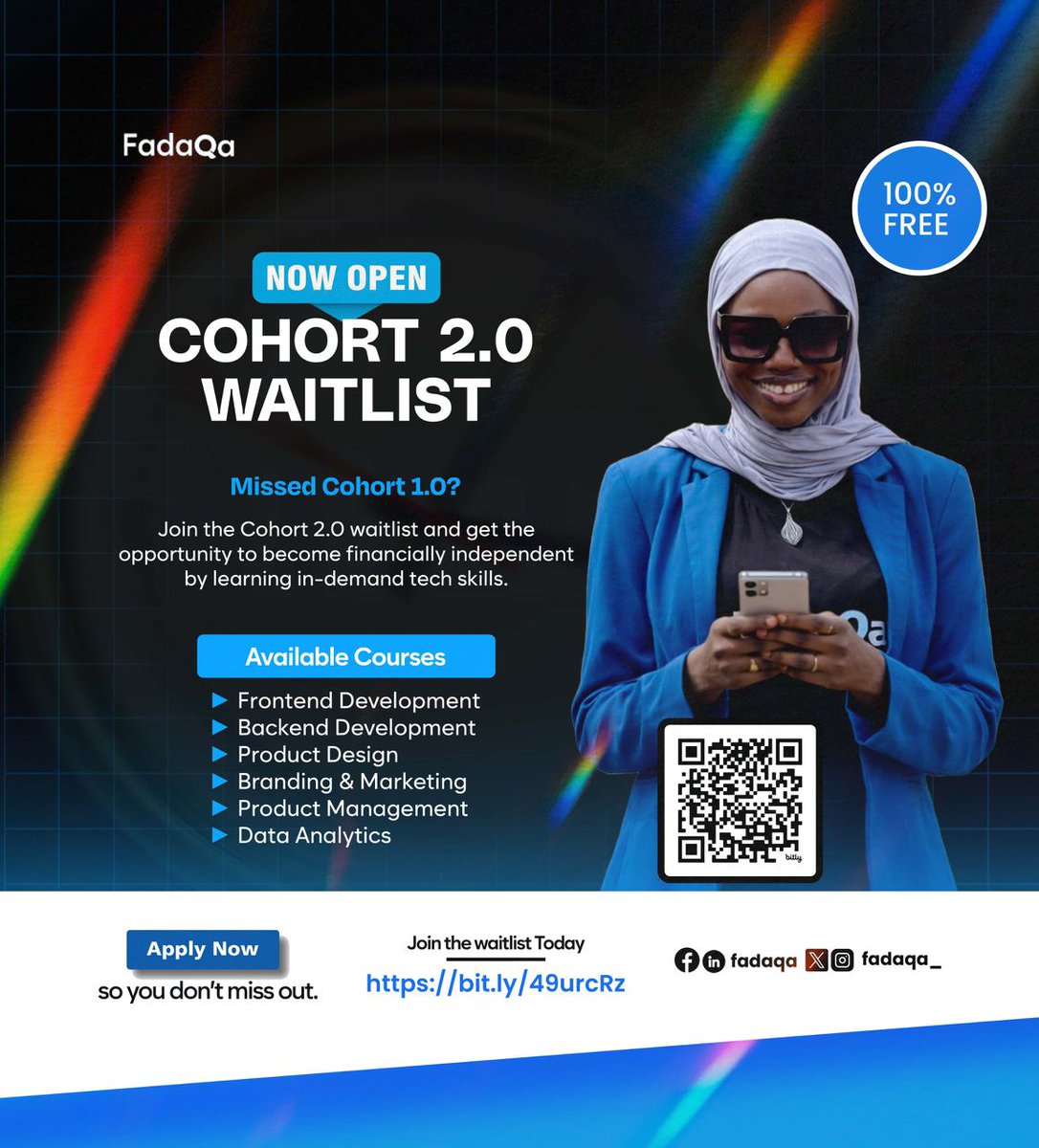 FadaQa_'s tweet photo. ‼️SCHOLARSHIP ALERT‼️ 

*Learn an in demand Tech Skill for FREE*

*FadaQa is offering 100% FREE* programs in: 👇🏻

Data Analytics 
Product Design (UI/UX)
Product Management
Frontend Development
Backend Development
Branding and Digital Marketing https://t.co/fzdMUfsQxM