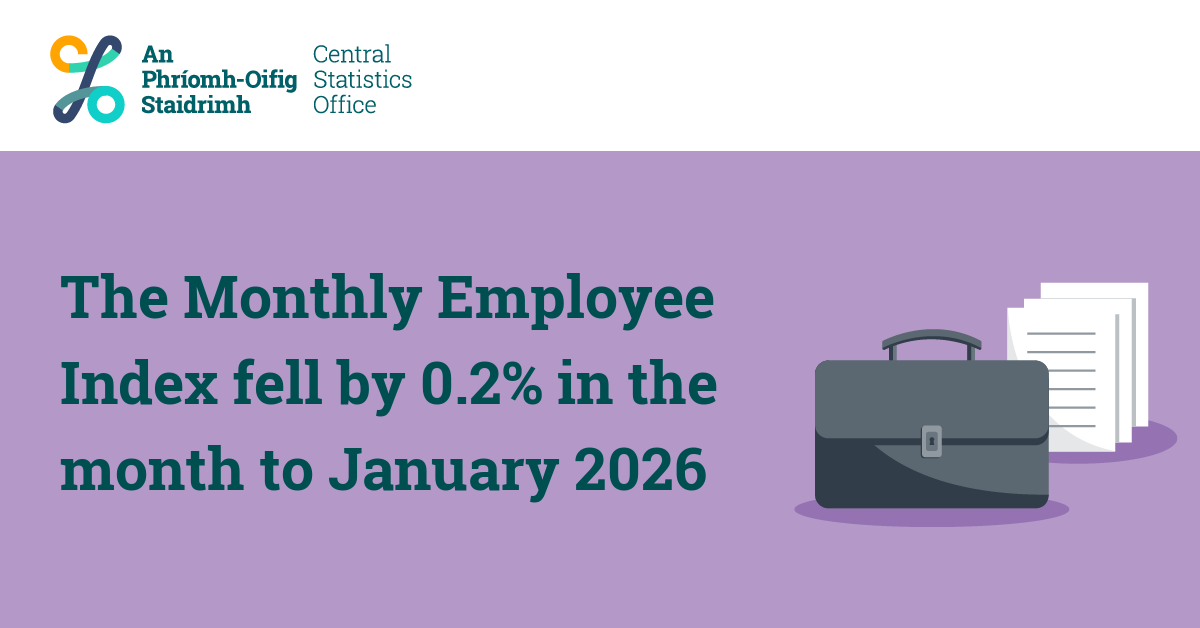 CSOIreland's tweet photo. The Monthly Employee Index fell by 0.2% in the month to January 2026
https://t.co/HB5ChCvbDj
#CSOIreland #Ireland #LabourForceSurvey #LabourForce #Households #Families #IrishFamilies #IrishHouseholds #LabourMarket #LiveRegister #Jobs #Employment #Unemployment https://t.co/c8rYGaSIk4