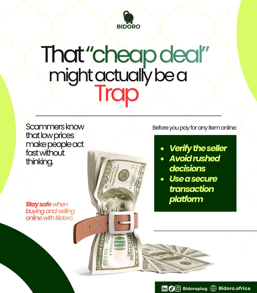 Bidoroplug's tweet photo. That “cheap deal” isn’t always a win… sometimes it’s a setup
Scammers know low prices make people rush. Don’t fall for it.
Stay smart. Stay safe. Trade better with Bidoro
#Bidoro #OnlineSafety #ScamAwareness #SafeTrading #Ecommerce #grand https://t.co/7Ly3XkLM6f