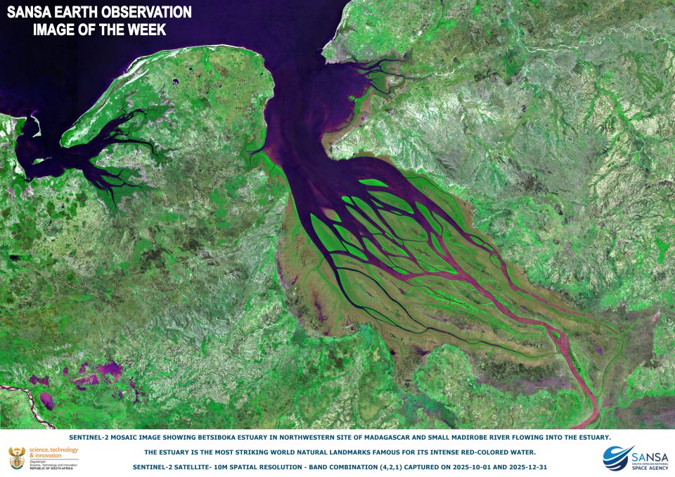 SANSA7's tweet image. IMAGE OF THE WEEK: Sentinel-2 shows Betsiboka estuary and Madirobe river in NW Madagascar. #EarthObservation #SANSA