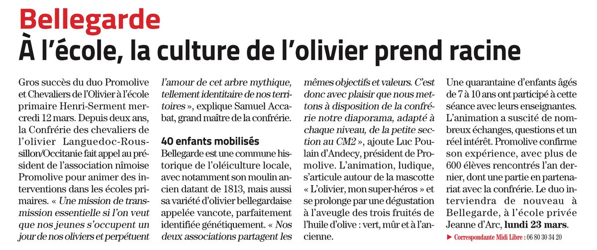 PromoliveGard's tweet photo. Articles du MidiLibre sur les démonstrations de taille et les interventions en milieu scolaire (Bellegarde mais aussi Villetelle) avec la Confrérie des Chevaliers de l'Olivier L/R. https://t.co/t8k9dZBmxm