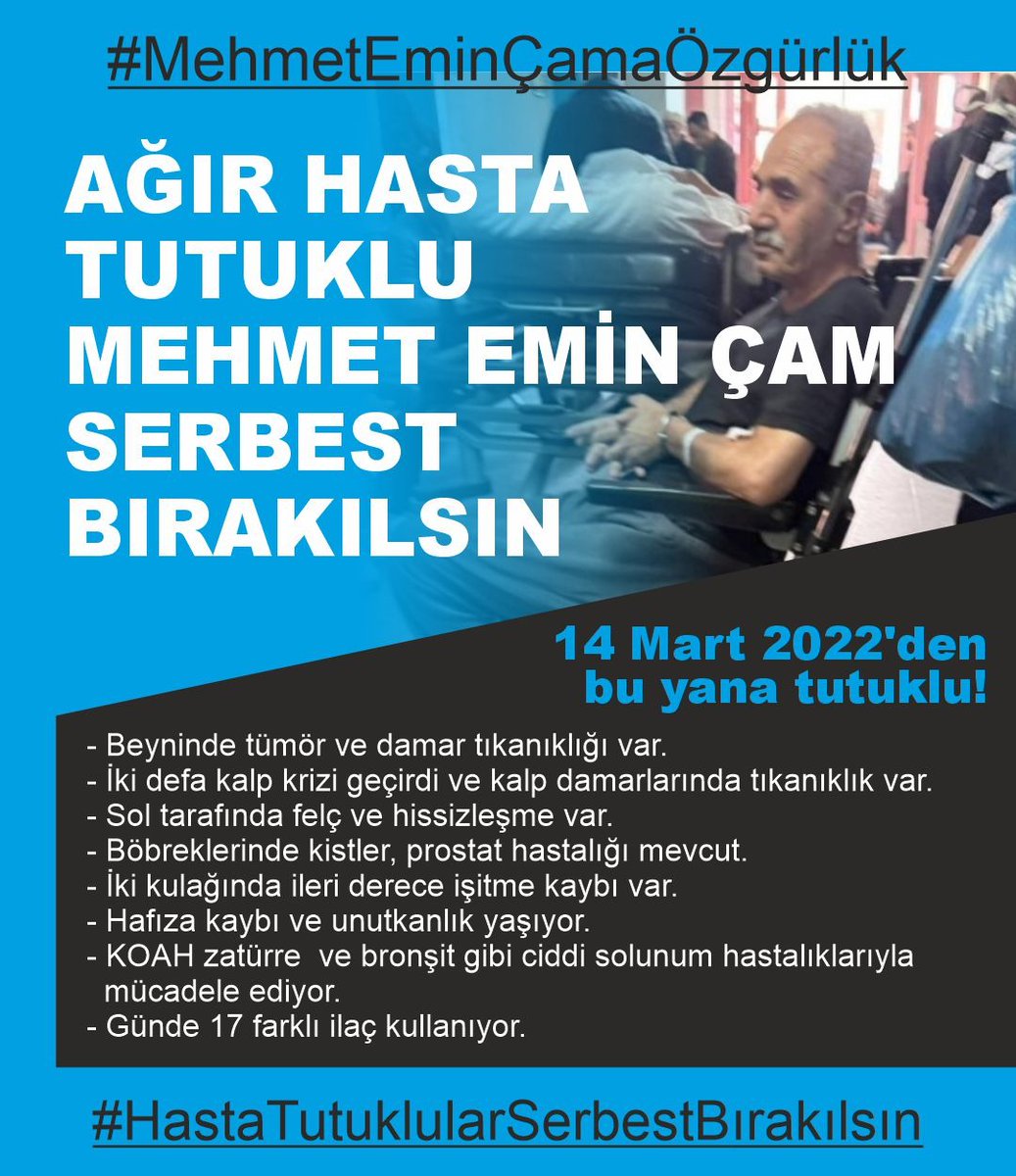 Babam Mehmet Emin Çam (74) hâlâ cezaevinde.
Durumu ortadayken “kalabilir” denilmesi, adalet değil açık bir ihmaldir.
Yaşam hakkı görmezden geliniyor.
Geç kalındığında bunun adı adalet olmayacak.
#MehmetEminÇamaÖzgürlük  #Adaletİstiyoruz #HastaTutuklularSerbestBırakılsın