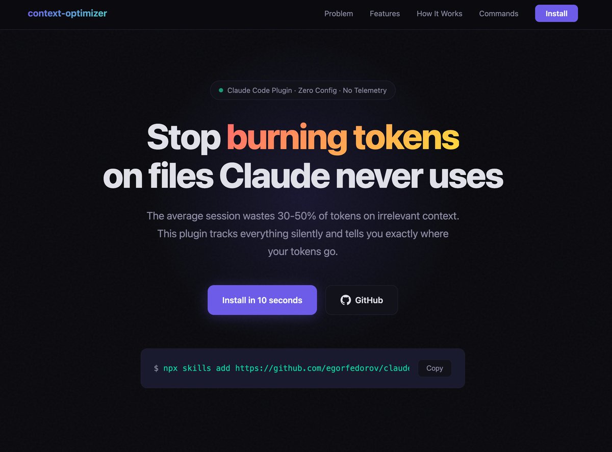 Stop burning tokens on files Claude never uses

The average session wastes 30-50% of tokens on irrelevant context. This plugin tracks everything silently and tells you exactly where your tokens go.

egorfedorov.github.io/claude-context…