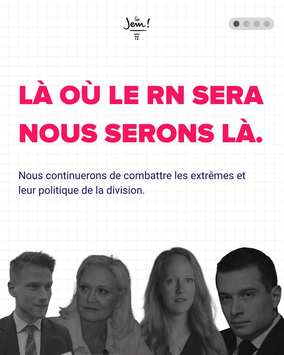 lesjem72's tweet photo. Les élections municipales marquent une arrivée du Rassemblement national dans notre département. Nous refusons de les laisser s'installer sans réponse.

Partout où les extrêmes sont, nous serons là. https://t.co/j8mkB9mig0