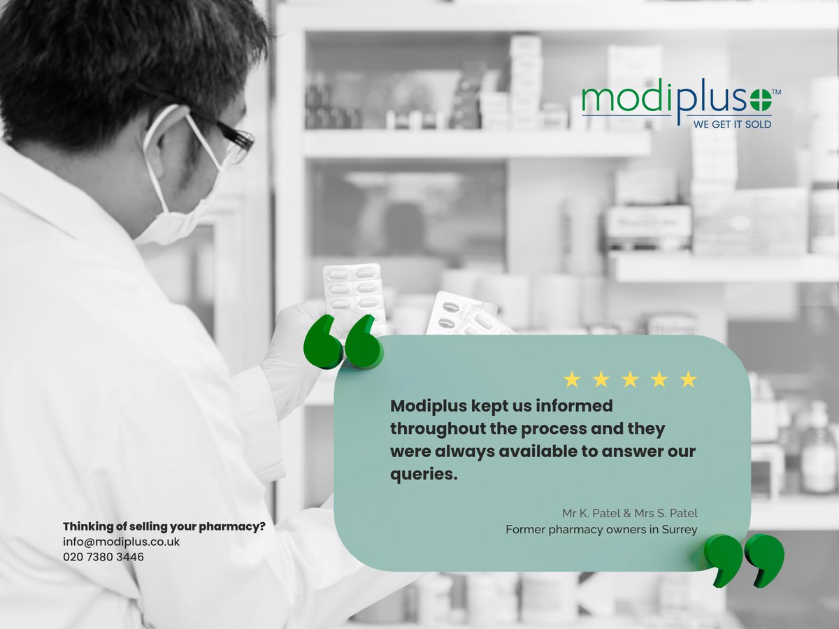 modiplus's tweet image. Join our happy clients and sell your pharmacy through Modiplus! 😀

Whether you want to retire or are ready for a change, we will guide you every step of the way. 🤝

Contact us by email info@modiplus.co.uk or telephone 020 7380 3446.

#Modiplus #WeGetItSold #CommunityPharmacy