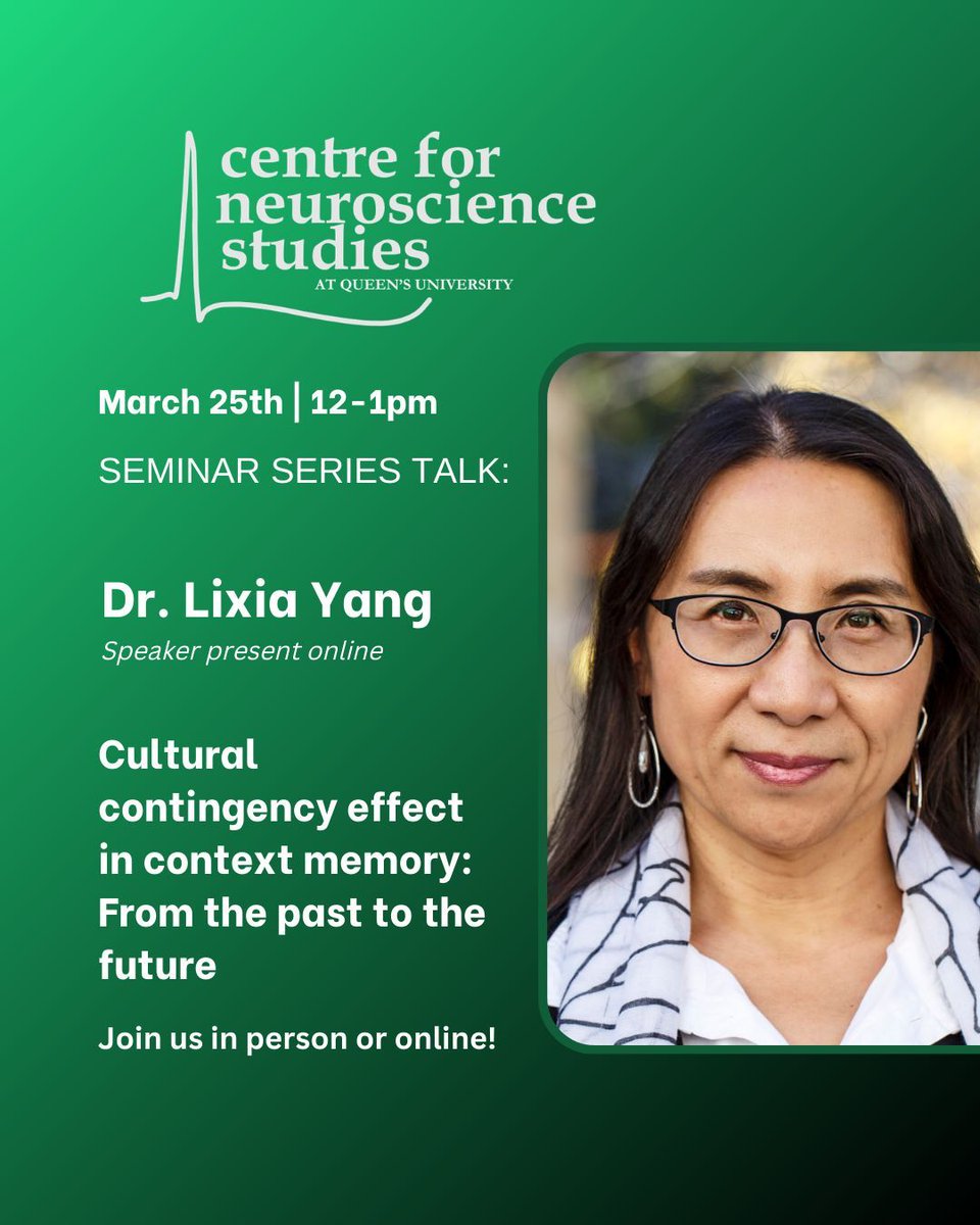 QueensU_CNS's tweet photo. 🧠 Seminar Series Talk:

📅 March 25 | 12–1pm
🎤 Dr. Lixia Yang (speaker present online)
📖 Cultural contingency effect in context memory

Join us in person or online (link in bio)!

#Neuroscience #CNSQueens #MemoryResearch https://t.co/5iml6GSw5M