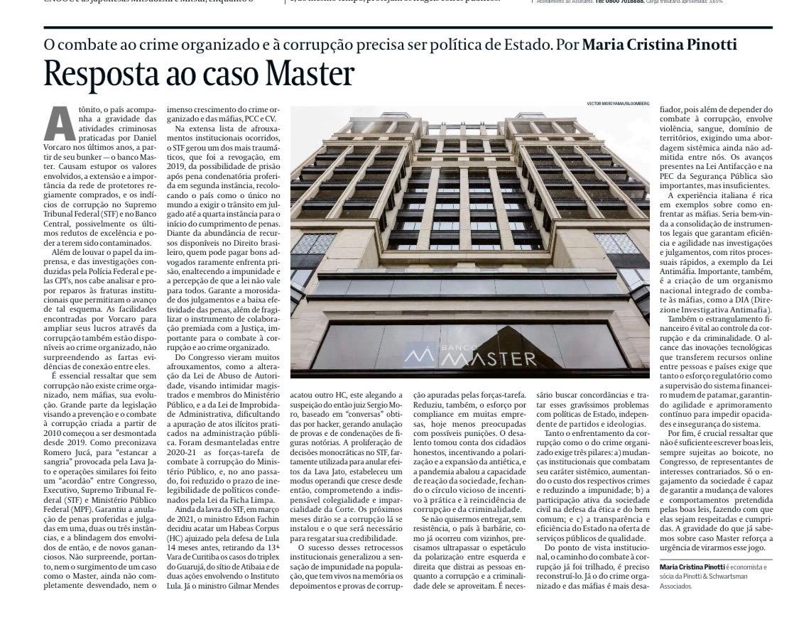 Artigo da minha sócia Cristina Pinotti, sobre as imbricações entre corrupção e crime organizado, como se insere o caso Master neste contexto e o caminho para lidar com isto. 

Leitura obrigatória sobre a tarefa que nos espera se formos lidar com o problema. 

Aproveitem!