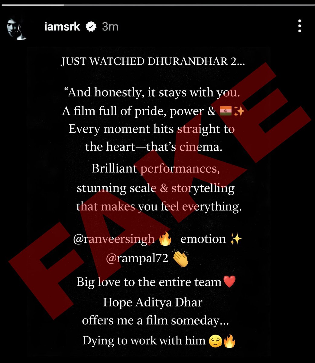 This post circulating on the internet is fake 
#ShahRukhKhan #Dhurandhar2‌TheRevenge