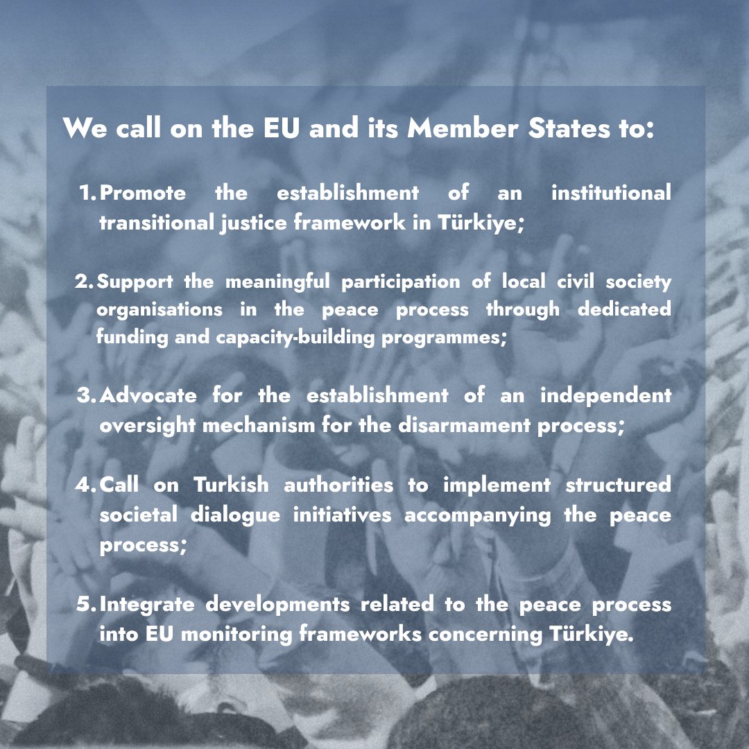 As #Türkiye faces a renewed opportunity for peace, following its Parliamentary Commission on Peace report, civil society calls on the #EU to play an active role in supporting a sustainable and rights-based process.
A long-lasting peace is not possible without accountability,