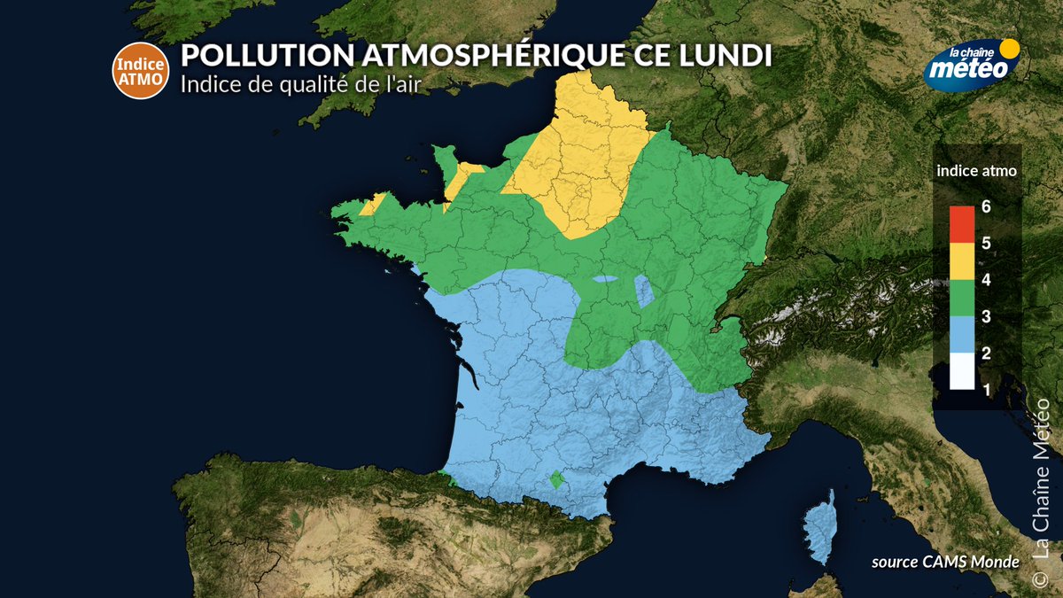 lachainemeteo's tweet image. La qualité de l'#air 🌫️ est mauvaise en de nombreuses régions ce lundi. Les particules fines qui proviennent d'Allemagne et du Benelux 🏭se conjuguent aussi aux #pollens pour occasionner des gênes respiratoires aux personnes sensibles. Amélioration très nette mercredi 💨