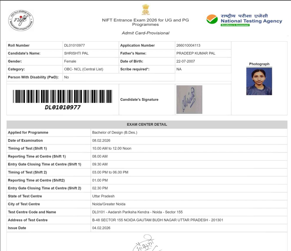 VimalSingh81856's tweet photo. Shrishti Pal (Roll: DL01010977) faced 1-hour system failure at Noida Center (Lab 4, Seat 412) during NIFTEE 2026. No extra time given. Unfairly marked 'Not Shortlisted'. RTI Filed: NTAHE/R/E/26/00459. Need Justice! @NTA_Exams @dpradhanbjp #NIFT2026 #NTA #JusticeForShrishti https://t.co/TxwJCfniPB
