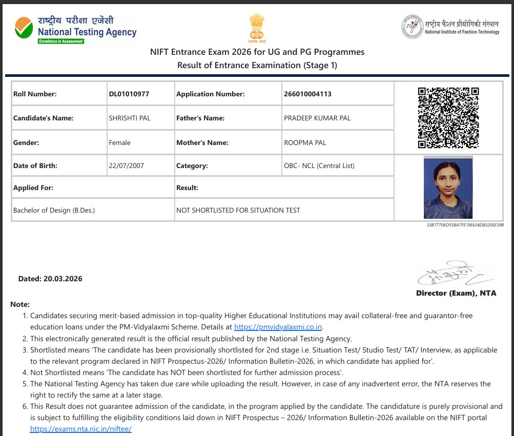 VimalSingh81856's tweet photo. Shrishti Pal (Roll: DL01010977) faced 1-hour system failure at Noida Center (Lab 4, Seat 412) during NIFTEE 2026. No extra time given. Unfairly marked 'Not Shortlisted'. RTI Filed: NTAHE/R/E/26/00459. Need Justice! @NTA_Exams @dpradhanbjp #NIFT2026 #NTA #JusticeForShrishti https://t.co/TxwJCfniPB