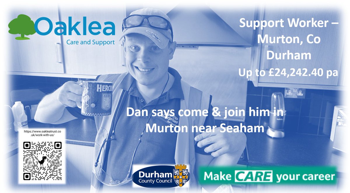 oakleatrust's tweet photo. Dan says he’ll get the kettle on….but only if you join him😉Join our social care team in Murton, Seaham, Co Durham Up to £24,242.40 pa, based on 37 hrs pw. Save QR code or apply here📲
https://t.co/iswEk6z11K
☎️01539 735025
#makecareyourcareer #durham #countydurham #murton https://t.co/RDf4Q8T9fP