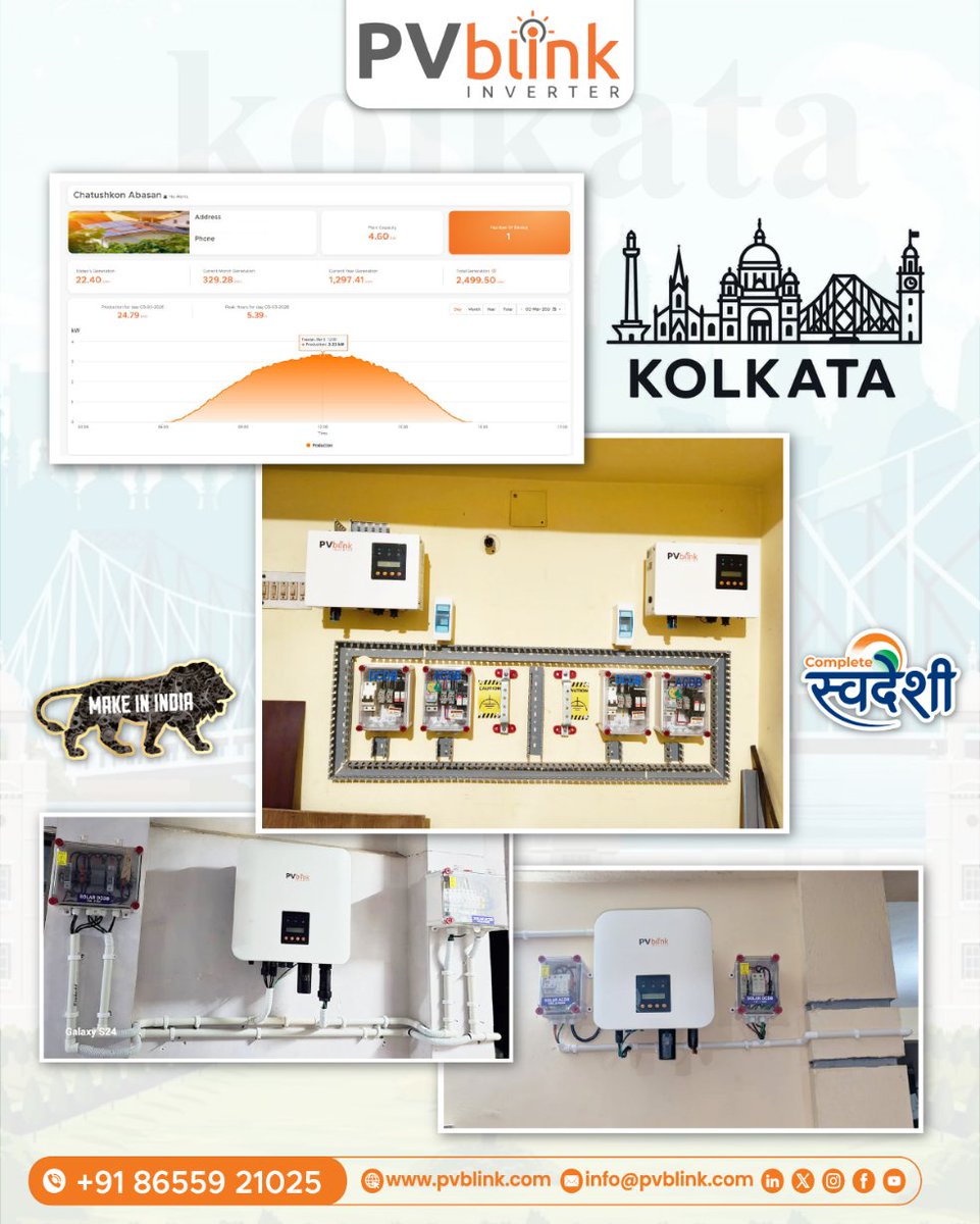 PVblinkInverter's tweet image. Successful #solarinstallation powered by #PVblink Inverters in #Kolkata! ☀️
Designed to deliver maximum efficiency, enhanced safety, and consistent performance, our systems ensure reliable energy generation every day.

📞+91 8655921025
🌐 pvblink.com