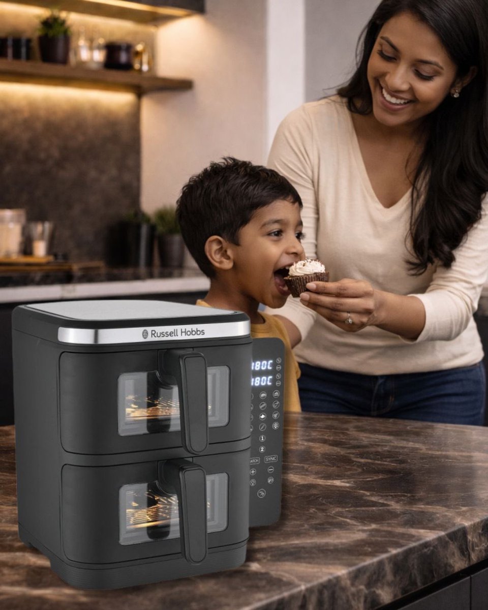 lootcoza's tweet image. Double the baskets, double the ease! Russell Hobbs 11L Dual Stack Air Fryer with 12 presets, smart sync, and 2800W power for quick, crispy family meals in a space-saving design. #HealthyCooking #AirFryer