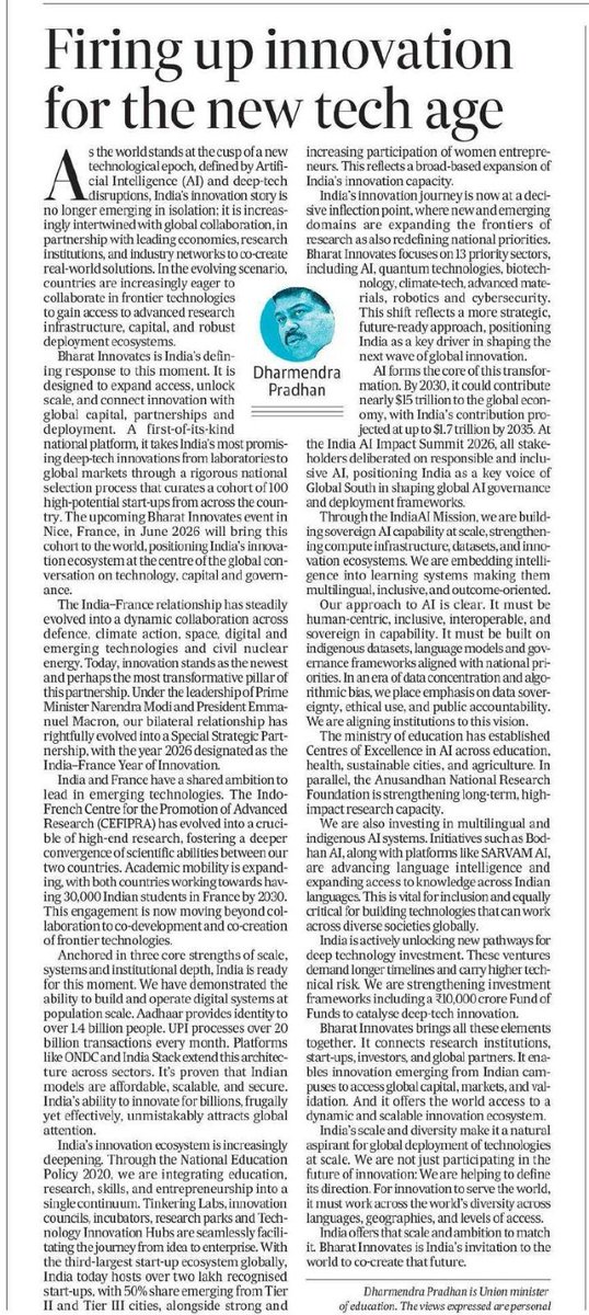 Insightful piece by Hon'ble Union Minister <a href="/dpradhanbjp/">Dharmendra Pradhan</a> on how India is shaping the next tech age. From AI to deep-tech, India is moving from participation to leadership. 🇮🇳

#IndiaAIMission #INDIAai