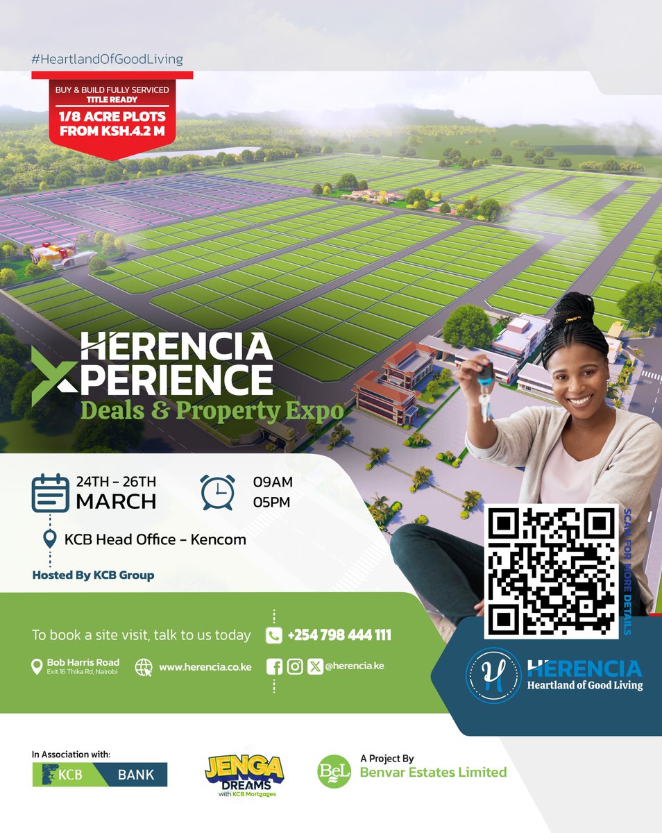 We’re excited to be exhibiting at the Deals &amp; Property Expo! 🏡✨

Join Herencia at the KCB Group Head Office – Kencom in Nairobi from 24th–26th March, 9 AM–5 PM (Hosted by <a href="/KCBInKenya/">KCB Kenya</a> ).

Explore:
✔️ Fully serviced 1/8 acre plots from Ksh 4.2M
✔️ Ready title deeds for peace of