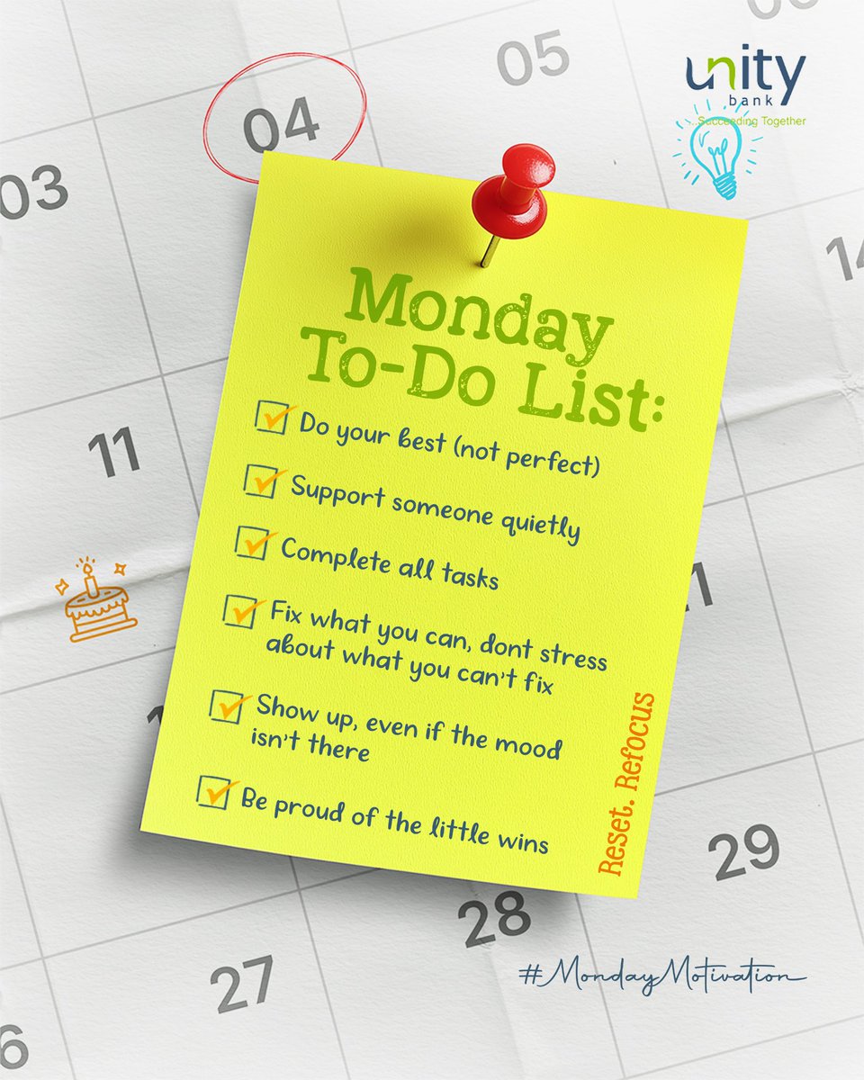 UnityBankPlc's tweet photo. Not every Monday needs pressure, sometimes it just needs intention.

Do your best, be kind where you can, and take it one small win at a time.

#MondayMotivation #SucceedingTogether https://t.co/lvXAgOKhR3
