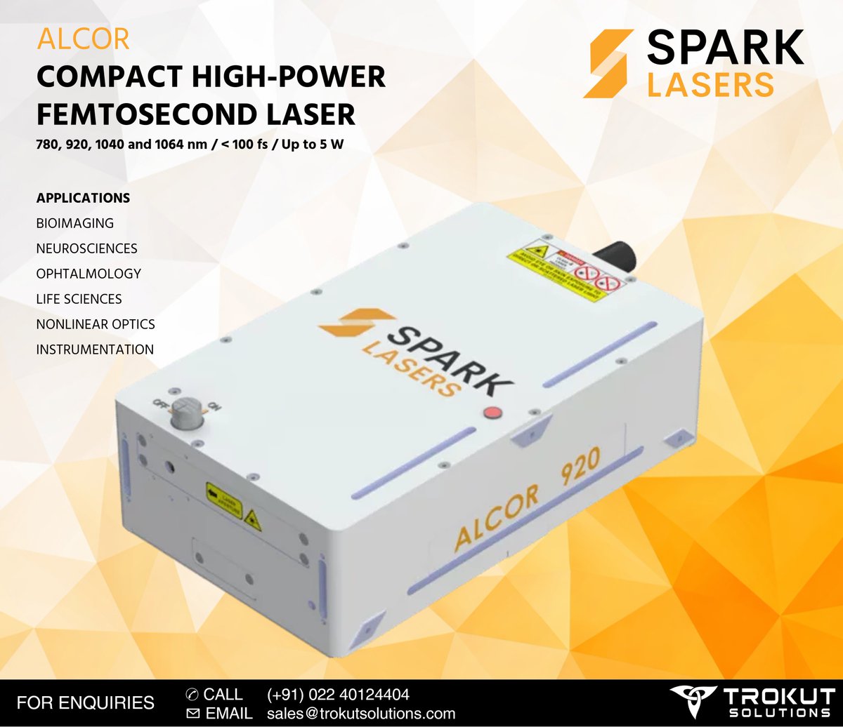 trokutsales's tweet photo. ALCOR – High-Power Femtosecond Laser by @SPARKLASERS1 

• <100 fs pulses
• Up to 5 W power
• 780 / 920 / 1040 / 1064 nm
• Compact, air-cooled
Ideal for bioimaging, neuroscience &amp; nonlinear optics.

📩For more information, contact us at sales@trokutsolutions.com https://t.co/iGWXa3i6hm