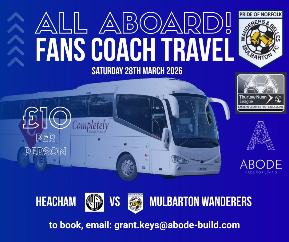 🚌 Secure your seat on the Wanderers coach for travel to our upcoming away league fixture against Heacham FC this Saturday, 28 March.

⏰ Departure from the Abode Arena at Midday.

📩 grant.keys@abode-build.com to make your reservation. 

#nonleaguefootball #thurlownunnleague