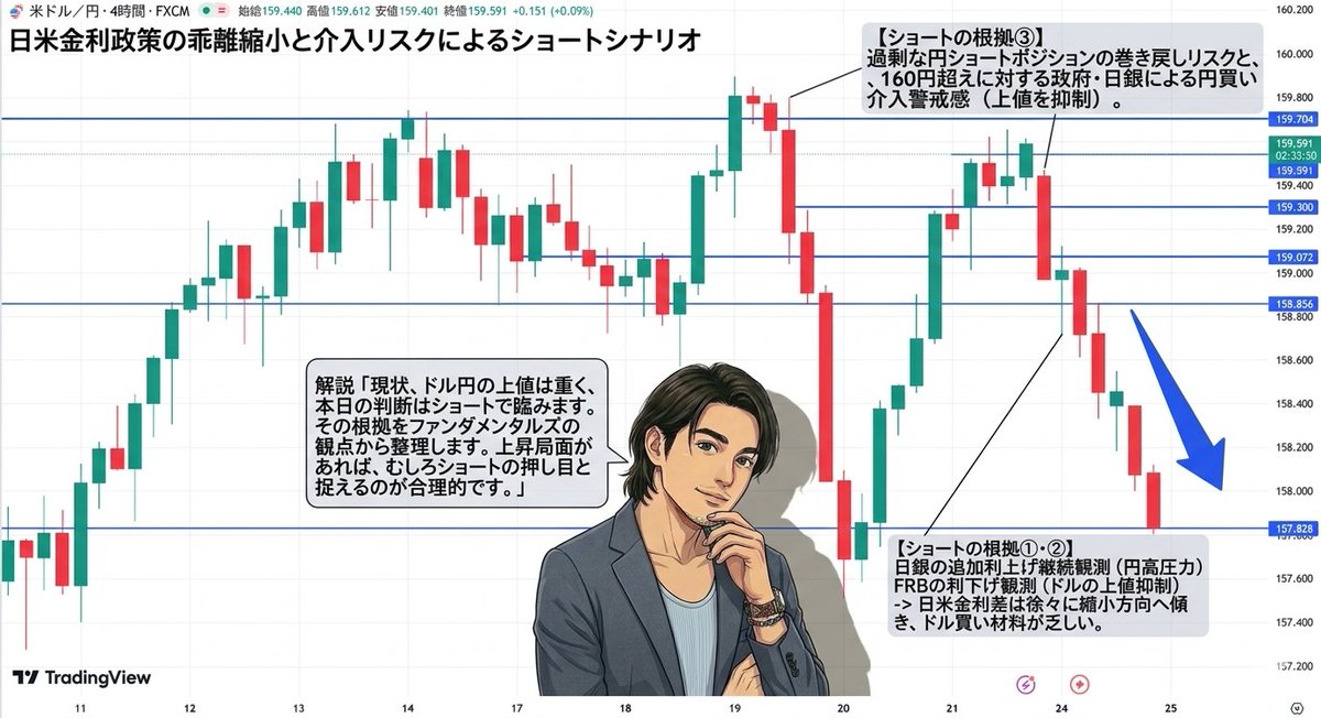 zen07070's tweet photo. 今日のドル円はショート一択で間違いありません。

「ドル円は今は上がるしかない」
そう思っている人は間違いです。

確かに一時的に上昇することはあるかもしれませんが、
これから下落していく可能性が大です。

では、なぜ下落していくのか？
ファンダメンタルの3つの視点で解説していくので、
今日この後から利益を出したい人は
最後までチェックしてください。

参考になれば「いいね&リポスト」

では解説します。

根拠① 日銀の追加利上げ観測による円高圧力

日銀は2025年末にインフレが2%目標に近い
との見解を示しており、
2026年も追加利上げ観測が根強い状況にある。

本日は参議院本会議で
新たな日銀審議委員の人事が可決される見通しであり、
今後の金融政策への思惑が円買いを
誘発しやすいタイミングだ。

根拠② FRBの利下げ観測によるドルの上値の重さ

2026年3月現在、米国は利下げ、
日本は利上げの方向に動くとみられており、
日米の金利差は徐々に縮小していく可能性があると考えられている。

 金利差が縮小方向に傾く以上、
ドルを積極的に買い上げる材料は乏しく、
上値は構造的に重い。

根拠③ 過剰な円ショートポジションと介入リスク
最新のIMMポジションでは2024年7月以来の水準まで
円ネットショートが積み上がっており、
160円を超えて円安が加速した場合には、
政府・日銀による円買い介入への警戒感が高まる。

投機的ポジションの巻き戻しと介入リスクが、
上値を二重に抑制する構図となっている。

結論として、本日のドル円はショートが妥当な判断だ。

✅日銀の利上げ継続観測
✅FRBの利下げによる金利差縮小
✅過剰な円売りポジションの巻き戻しリスク

この3つのファンダメンタル要因が揃っており、
現時点でドルを積極的に買い向かう根拠は見当たらない。
上昇局面があれば、むしろショートの押し目と捉えるのが合理的だ。
＃usdjpy
＃ドル円