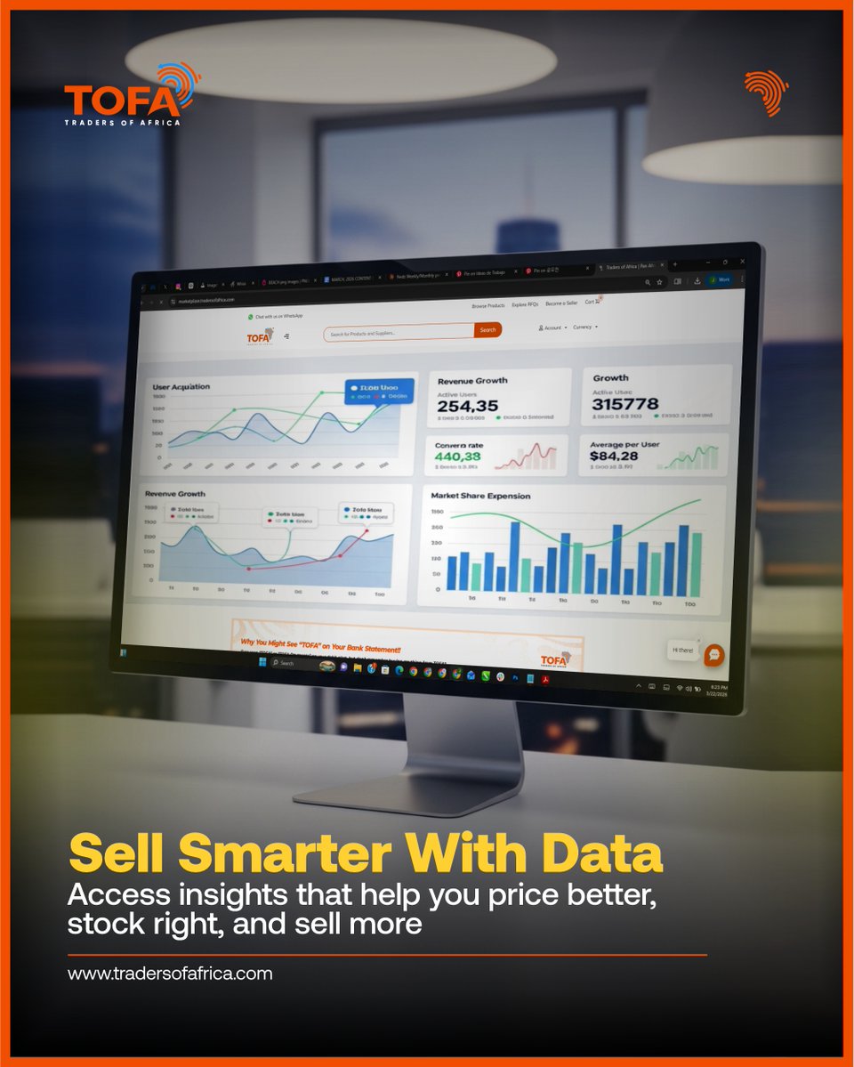 tofadotcom's tweet image. Successful businesses don’t guess; they use data.

TOFA Marketplace helps you understand demand, optimize pricing, and grow with confidence.

🔗 marketplase.tradersofafrica.com

#TOFA #SellSmarter #TradeAfrica #TOFAMarketplace