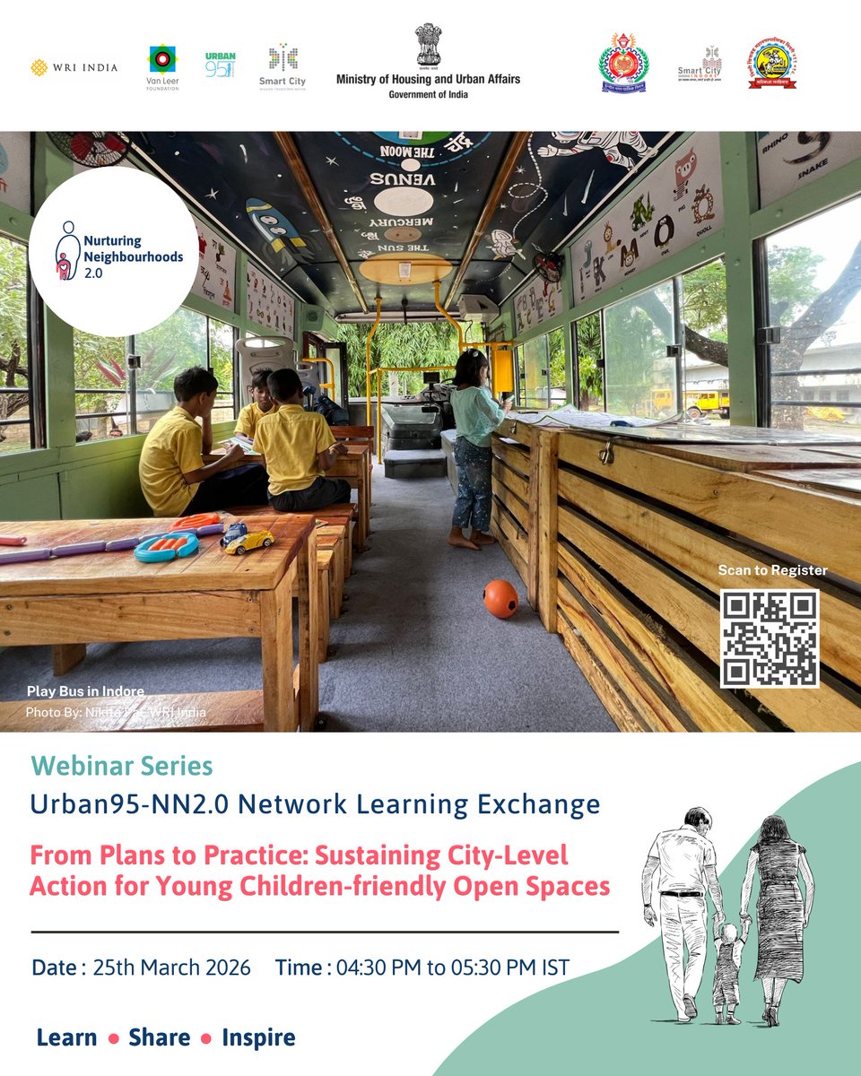 WRIIndia's tweet photo. Join us for 3rd Urban 95 – #NurturingNeighbourhoods 2.0 Webinar where we spotlight work done by @SwachhIndore  &amp; @pcmcindiagovin  to embed an early childhood centric lens into urban planning.

📅 25th March
🕓4:30–5:30 PM IST

🔗Register: https://t.co/ZoUtsSbEWj

#PublicSpaces https://t.co/EDMhjpBnoo