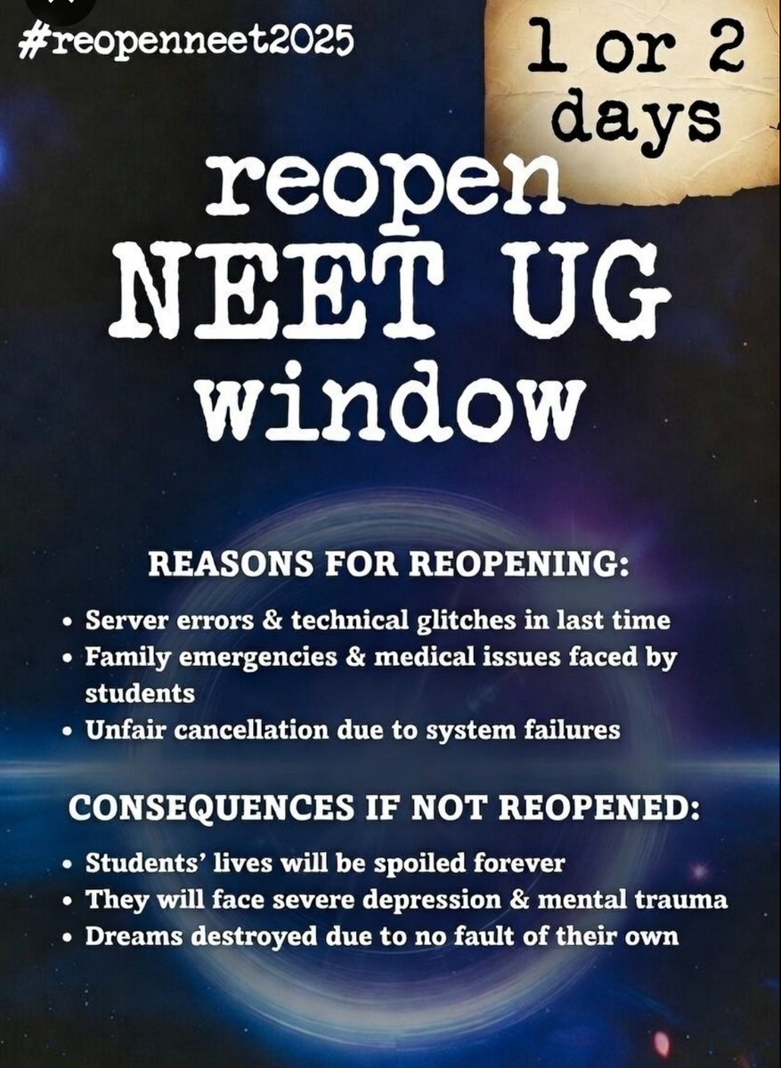 EleanorPaxton8's tweet photo. @NTA_Exams NTA said no extension ❌
Students still suffering ❌
REOPEN NEET UG 2026 PORTAL 🙏
@NTA_Exams
#ReopenNEETug2026 https://t.co/123RPx3nTD