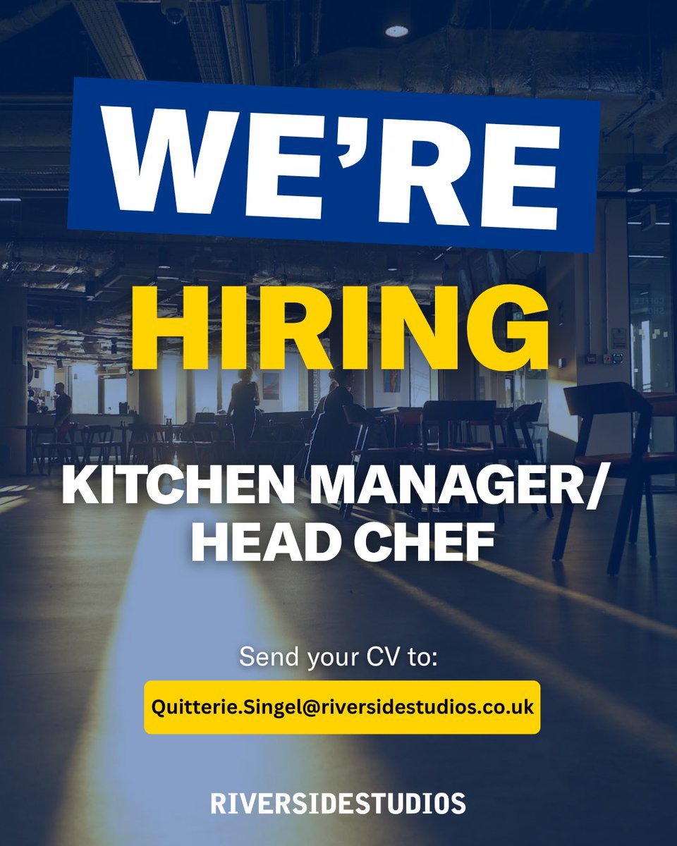 RiversideLondon's tweet image. We're hiring: Kitchen Manager / Head Chef at Riverside Studios, Hammersmith. 📩 Apply: Quitterie.Singel@riversidestudios.co.uk riversidestudios.co.uk/vacancies/ #HeadChef #KitchenManager #LondonJobs #HospitalityJobs #NowHiring #HammersmithJobs #RivesideStudios