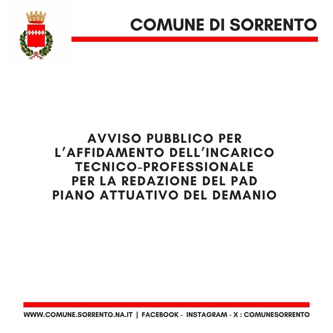 E' stato pubblicato sul sito istituzionale del Comune di Sorrento, l'avviso pubblico per l'affidamento del servizio di redazione del Pad, il Piano attuativo del demanio.
Il comunicato stampa: comune.sorrento.na.it/it/novita/page…
