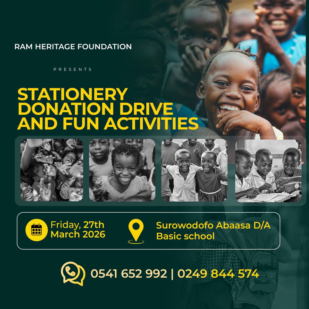 RamHFoundation's tweet photo. RAM Heritage Foundation is spreading joy and empowering futures at our maiden Stationery Donation Drive &amp; Fun Activities. 

On Friday, March 27th, 2026, we'll be at Surowodofo Abaasa D/A Basic School, putting pencils in little hands and smiles on beautiful faces. https://t.co/bOEmjgKqwD