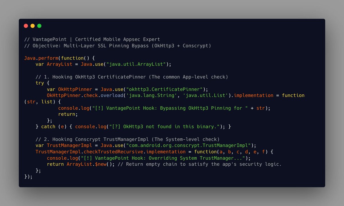 vantag3point's tweet photo. #MobileAppSec isn’t just about finding bugs,it’s about understanding the defenses behind them 🔓

Our Certified Mobile Appsec Expert is for practitioners who want hands-on experience with Android &amp; iOS internals.

Solve Challenges. Earn your Certification.
https://t.co/PxR6qutpg7 https://t.co/x43p9kAInj