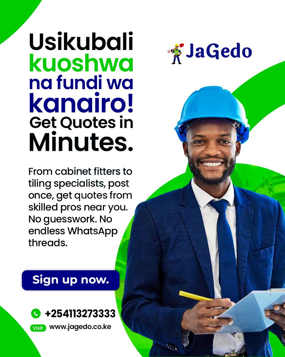 The best fundi for your job is out there. The problem was always finding them, not anymore.

Tell us what you need at jagedo.co.ke/signup and watch the quotes come in.

#JaGedo #FundiKenya #ConstructionKE #HomeRenovation #BuildSmart