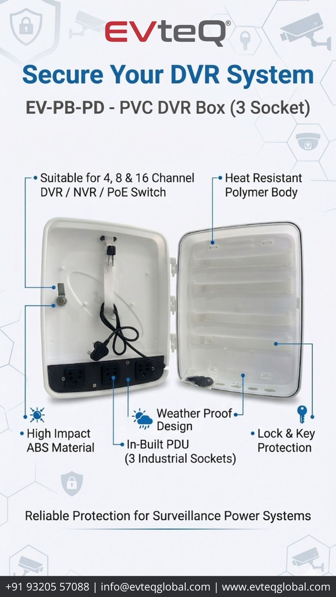 EVteQ's tweet image. Messy &amp;amp; unsafe DVR setup? 😟

Upgrade to EVteQ DVR Box for a clean, secure &amp;amp; professional installation.

⚡ Built-in sockets | 🔐 Lock protection

👇🏻 Reach out to know more
📞 Call us today: +91 93205 57088
🌐 evteqglobal.com 

#security #surveillance #dvr #cctv #access