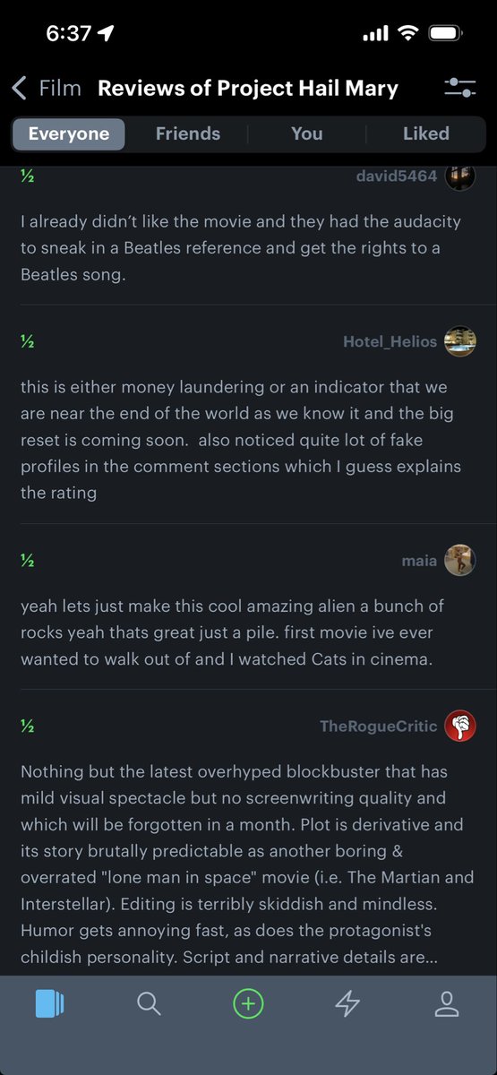 Shouldn’t have checked letterbox’d for lowest ratings on Project Hail Mary 😭