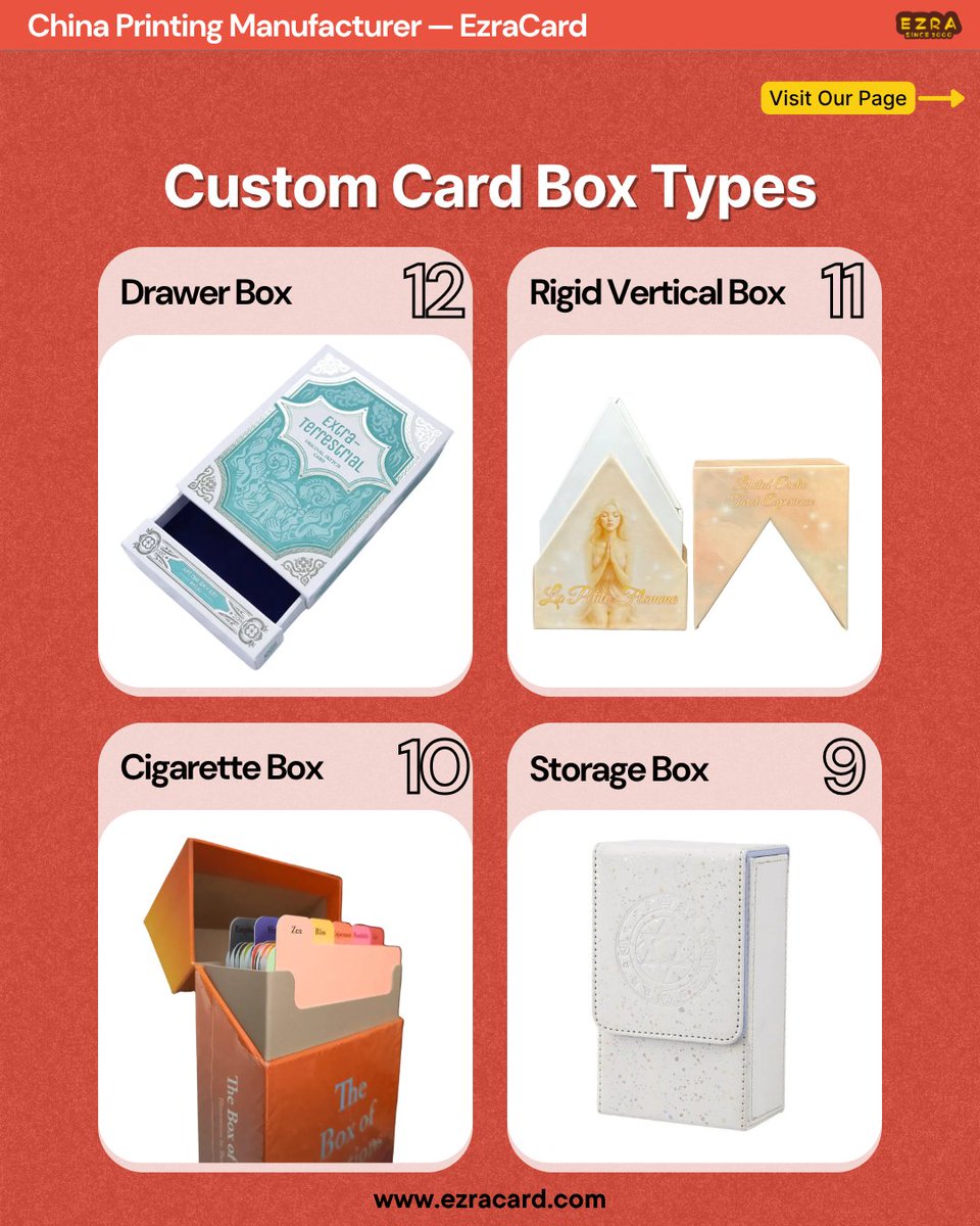 EzraCard_com's tweet photo. Here are 16 custom box options manufactured directly by EzraCard. 📦

From standard Tuck Boxes to TCG Booster Packs, these cover 99% of your card and game packaging needs.

Which number (1-16) are you looking for? 👇
Comment below or DM us to get pricing! https://t.co/6JsvwsrC83