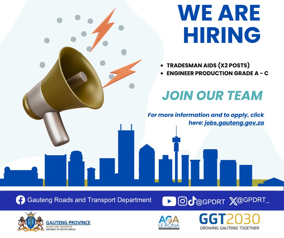 GPDRT_'s tweet image. We are looking for passionate individuals to join our Department. Ready to make an impact? Apply here: jobs.gauteng.gov.za

#GautengAtWork #WeAreHiring #JobOpportunity #JoinOurTeam