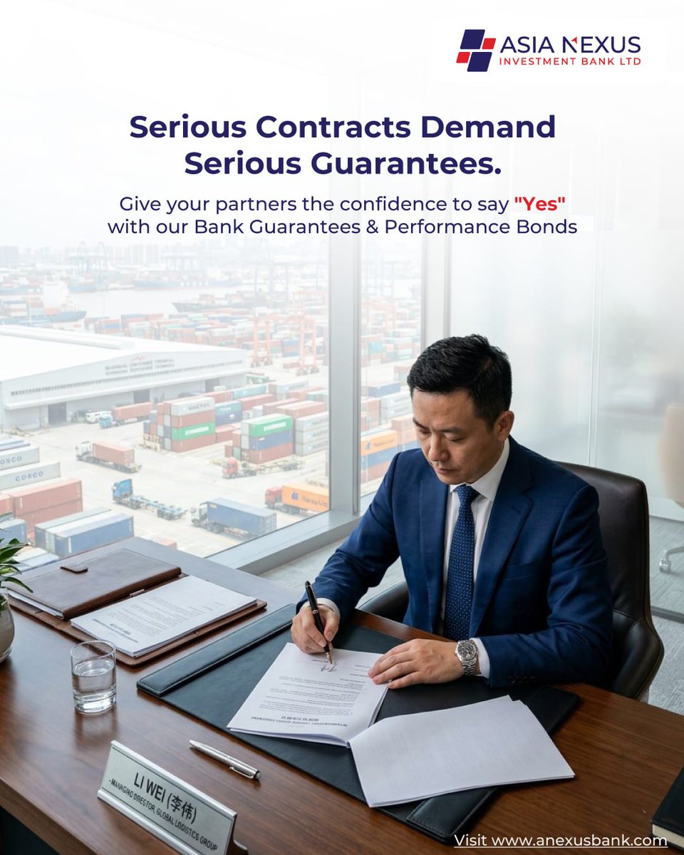 AsiaNexusBank's tweet photo. When the stakes are high, give your partners the ultimate peace of mind. Secure your next major deal with rock-solid Bank Guarantees and Performance Bonds from Asia Nexus Investment Bank Ltd.

🌐 Visit https://t.co/Dj2APaFLPg to learn more.

#ANIB #AsiaNexus #TradeSolutions https://t.co/He2e0JqP36