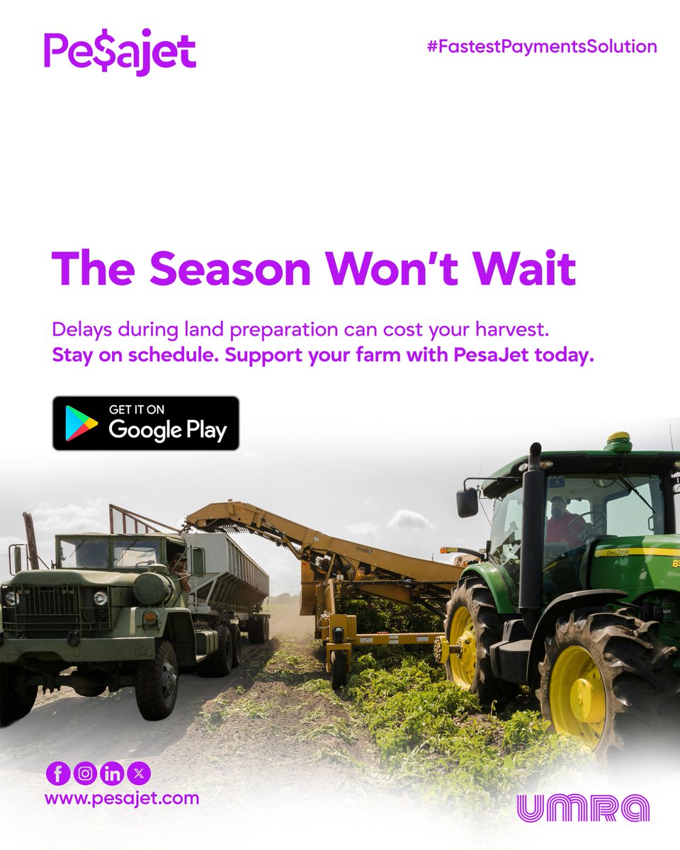 pesajet's tweet image. The rains don’t wait for bank queues. 🚜💨 Delays in land preparation can cost you an entire season. Keep your machinery moving and your schedule on track with PesaJet.
Fast support for serious farming. 
#AgriTech #FarmMechanization #PesaJet #Efficiency
