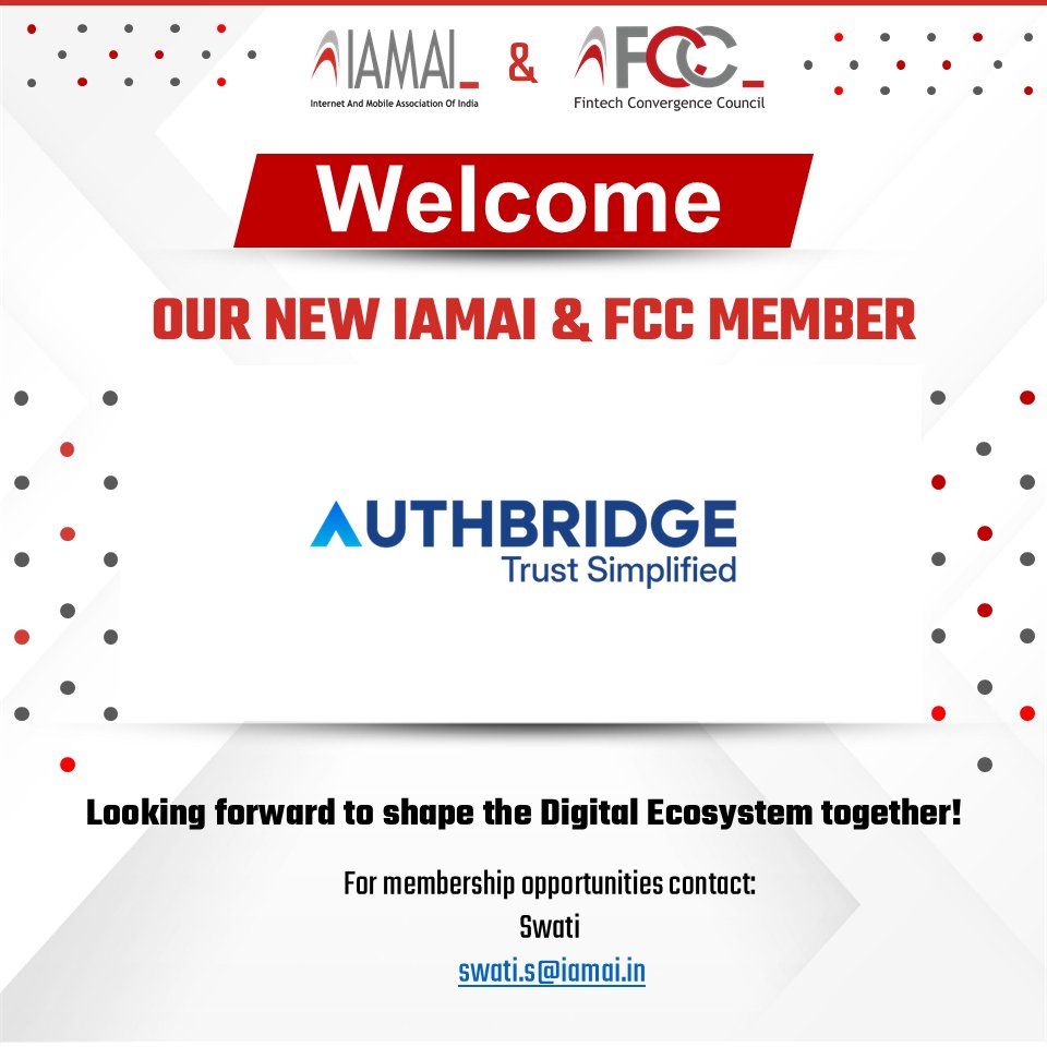 IAMAIForum's tweet image. We are delighted to welcome AuthBridge to the IAMAI–FCC family.
Visit: authbridge.com
@authbridge  is a leading authentication and verification company providing solutions across identity verification, background screening, and due diligence. 
#IAMAI #FCC #AuthBridge