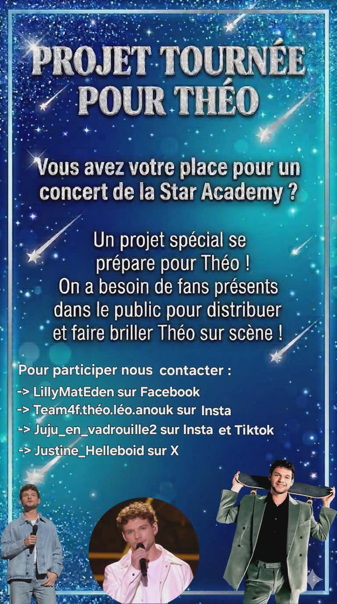 Hel40267Justine's tweet photo. Si ce projet t’intéresse et que tu souhaites y contribuer, n’hésite pas à me contacter ! ⭐️🫶🏻
#staracademy #staractour #theop #projet https://t.co/aogS4MT5Sl